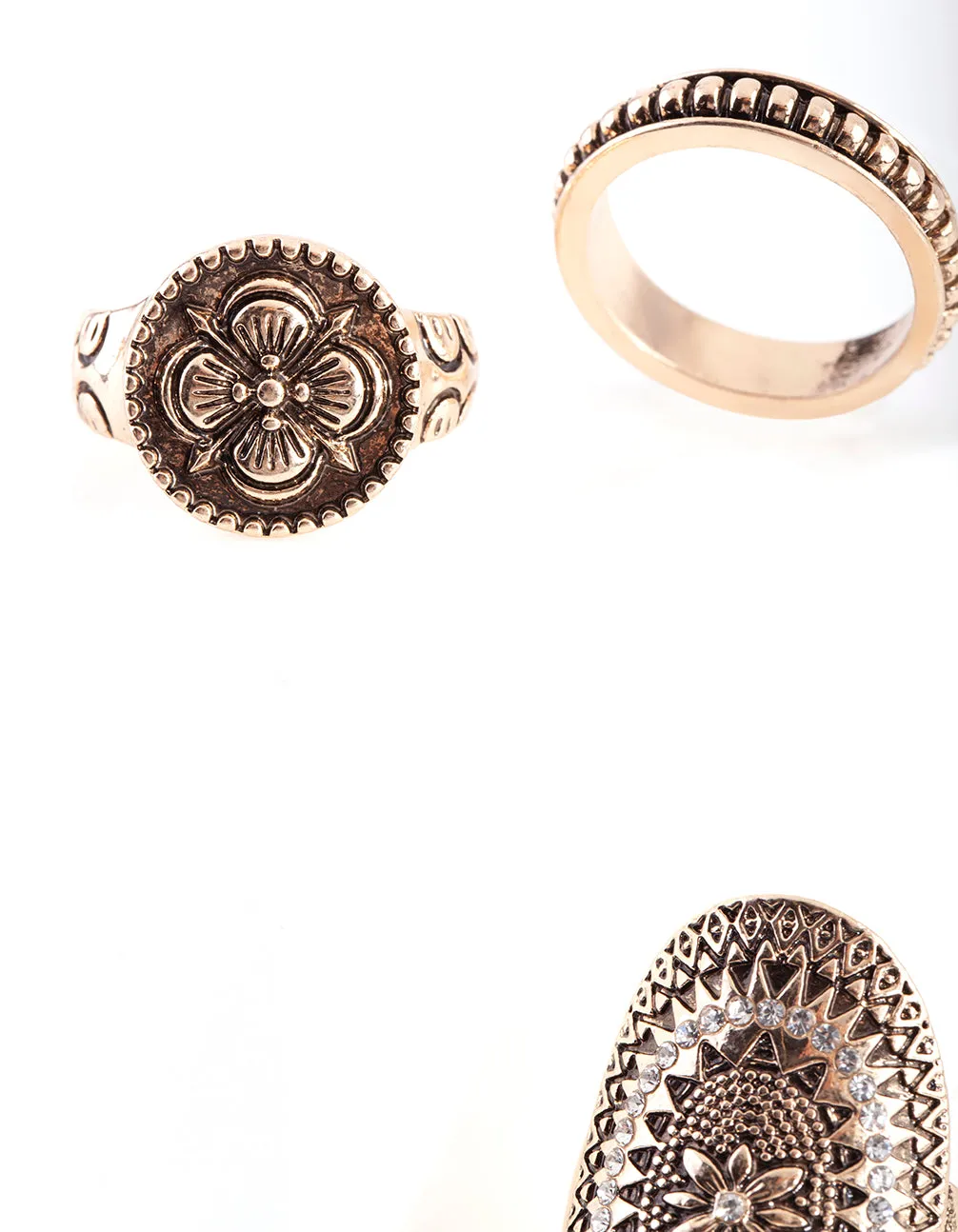 Antique Gold Etched Shield Ring 3 Pack